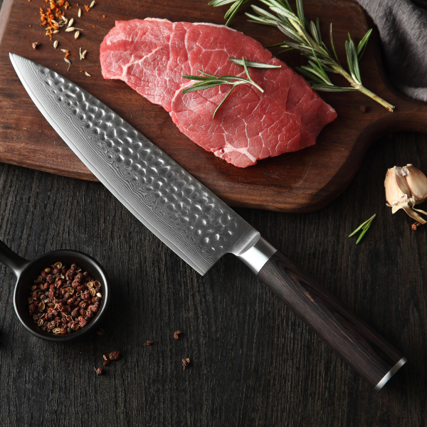 Damast Chefmesser mit Rosenholzgriff